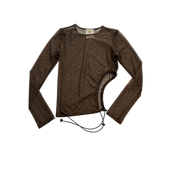 Jeu Illimite Cutout Mesh Top in Brown - Picture 1 of 7